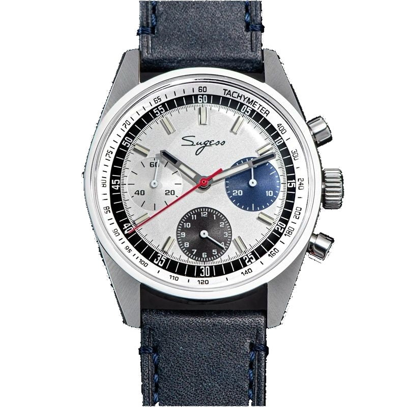 Sugess S442 silver panda chronograph, blue and black sub-dials, red chrono hand, navy leather strap, front on dark