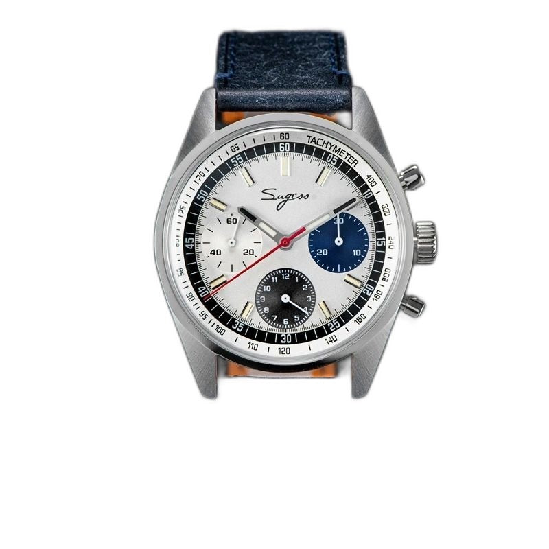 Sugess S442 silver panda chronograph, blue and black sub-dials, navy leather strap, front view on dark textured surface