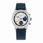 Sugess S442 automatic chronograph 38mm, silver panda dial, blue and black sub-dials, navy blue leather strap, front