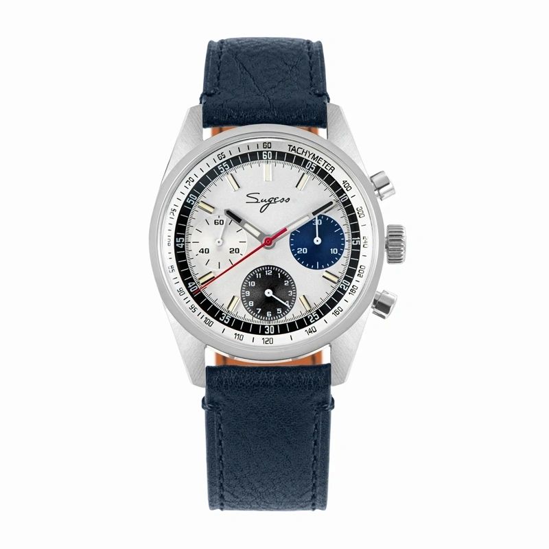 Sugess S442 automatic chronograph 38mm, silver panda dial, blue and black sub-dials, navy blue leather strap, front