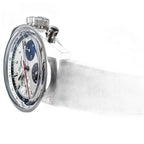 Sugess S442 silver panda chronograph side profile, pump pushers and crown, navy leather strap, on reflective surface