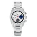 Sugess S442 automatic chronograph 38mm, silver panda dial, blue and black sub-dials, red chrono hand, steel bracelet, front
