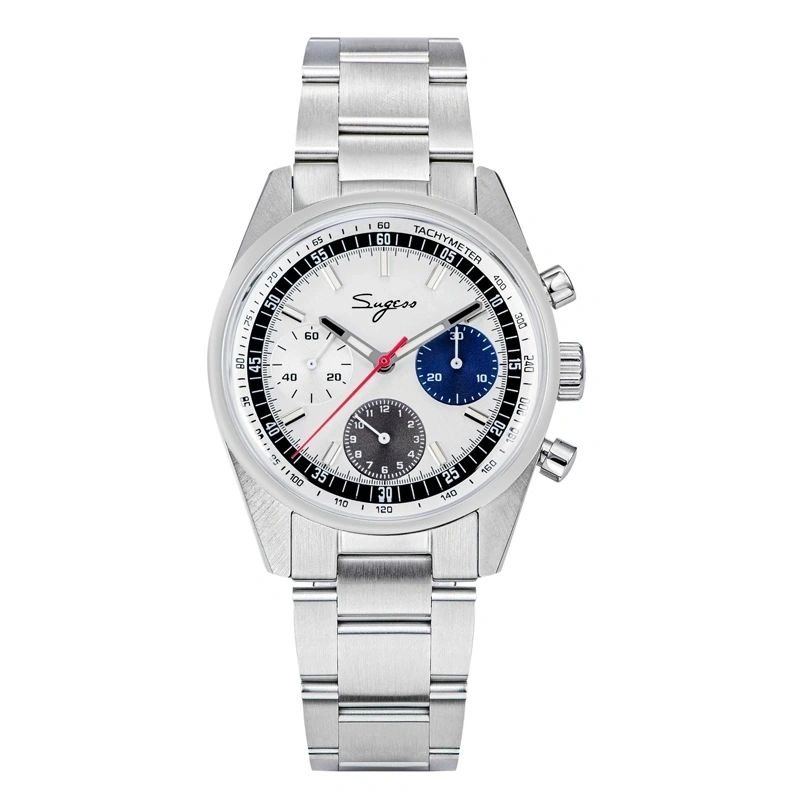 Sugess S442 automatic chronograph 38mm, silver panda dial, blue and black sub-dials, red chrono hand, steel bracelet, front