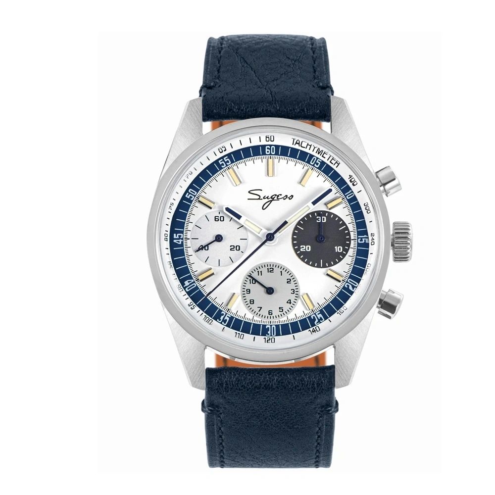 Sugess S442 silver panda chronograph side profile, red chrono hand, domed crystal, steel bracelet, on white