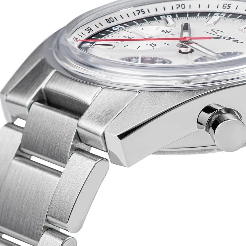 Sugess S442 silver panda chronograph side profile, domed crystal, pump pushers and S crown, steel bracelet