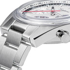 Sugess S442 silver panda chronograph side profile, domed crystal, pump pushers and S crown, steel bracelet