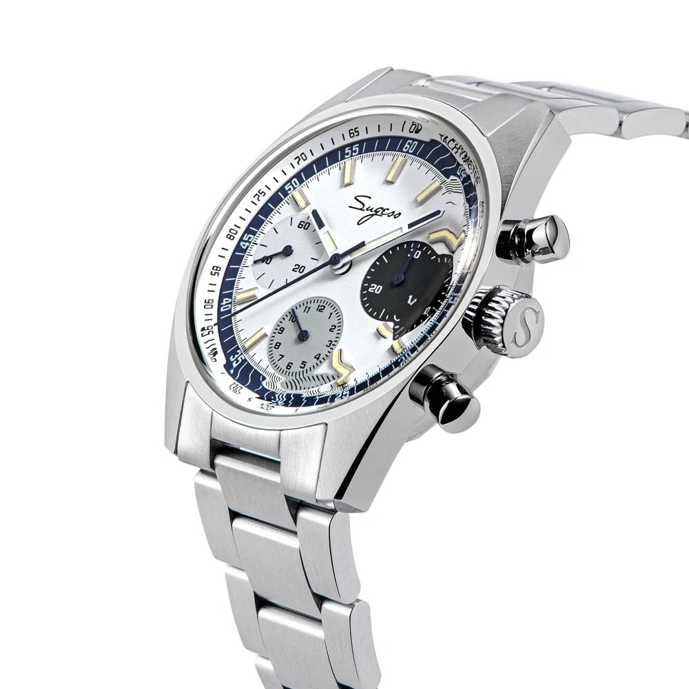 Sugess S442 white dial chronograph, blue tachymeter ring, grey sub-dial, blue hands, S crown, steel bracelet, angle