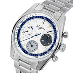 Sugess S442 white dial chronograph, blue tachymeter ring, grey sub-dial, blue hands, steel bracelet, three-quarter angle