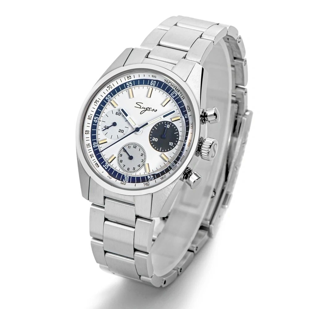 Sugess S442 white dial chronograph, blue tachymeter ring, grey sub-dial, blue hands, steel bracelet, angled view