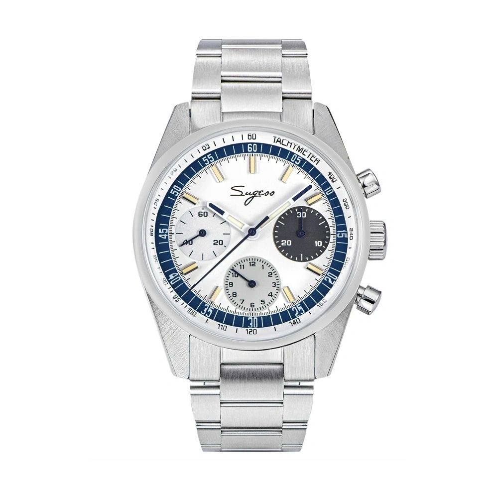 Sugess S442 automatic chronograph 38mm, white dial, blue tachymeter ring, grey sub-dial, blue hands, steel bracelet, front