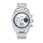 Sugess S442 automatic chronograph 38mm, white dial, blue tachymeter ring, grey sub-dial, blue hands, steel bracelet, front