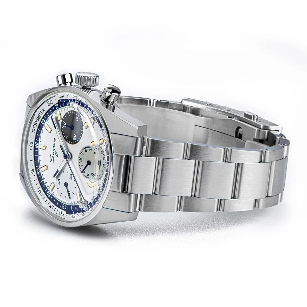 Sugess S442 white dial chronograph side profile, blue tachymeter ring, grey sub-dial, blue hands, steel bracelet