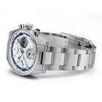 Sugess S442 white dial chronograph side profile, blue tachymeter ring, grey sub-dial, blue hands, steel bracelet