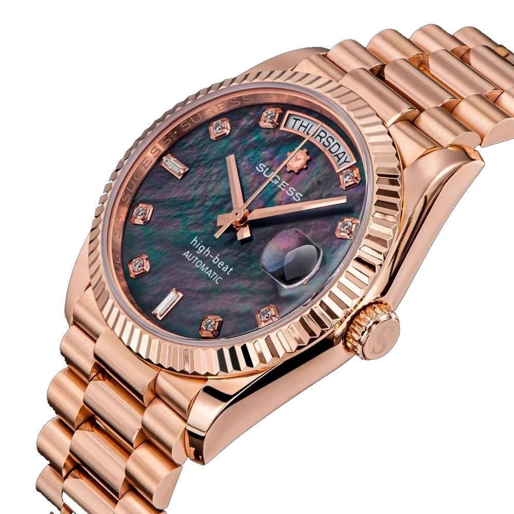 Sugess S449 black mother-of-pearl dial day-date, rose gold case, S crown, diamond markers, dramatic angled view