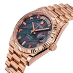 Sugess S449 black mother-of-pearl dial day-date, rose gold case, S crown, diamond markers, dramatic angled view