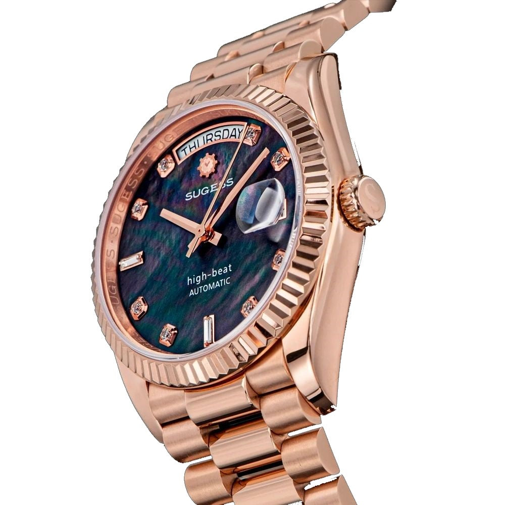 Sugess S449 black mother-of-pearl dial day-date, rose gold case, diamond markers, angled product view on dark