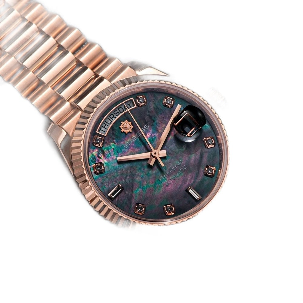 Sugess S449 black mother-of-pearl dial day-date, rose gold case, diamond markers, angled view on textured surface