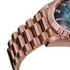 Sugess S449 rose gold president bracelet close-up, fluted bezel edge and black mother-of-pearl dial with diamonds