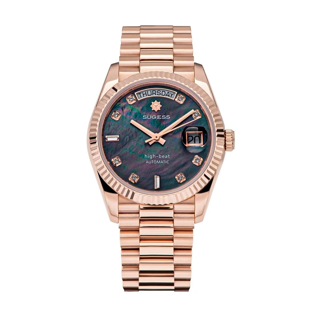 Sugess S449 automatic day-date dress watch 36mm, black mother-of-pearl dial, diamond markers, rose gold case, front
