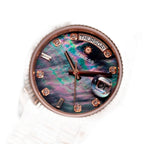 Sugess S449 black mother-of-pearl dial macro, iridescent shimmer, diamond hour markers, day-date, rose gold case