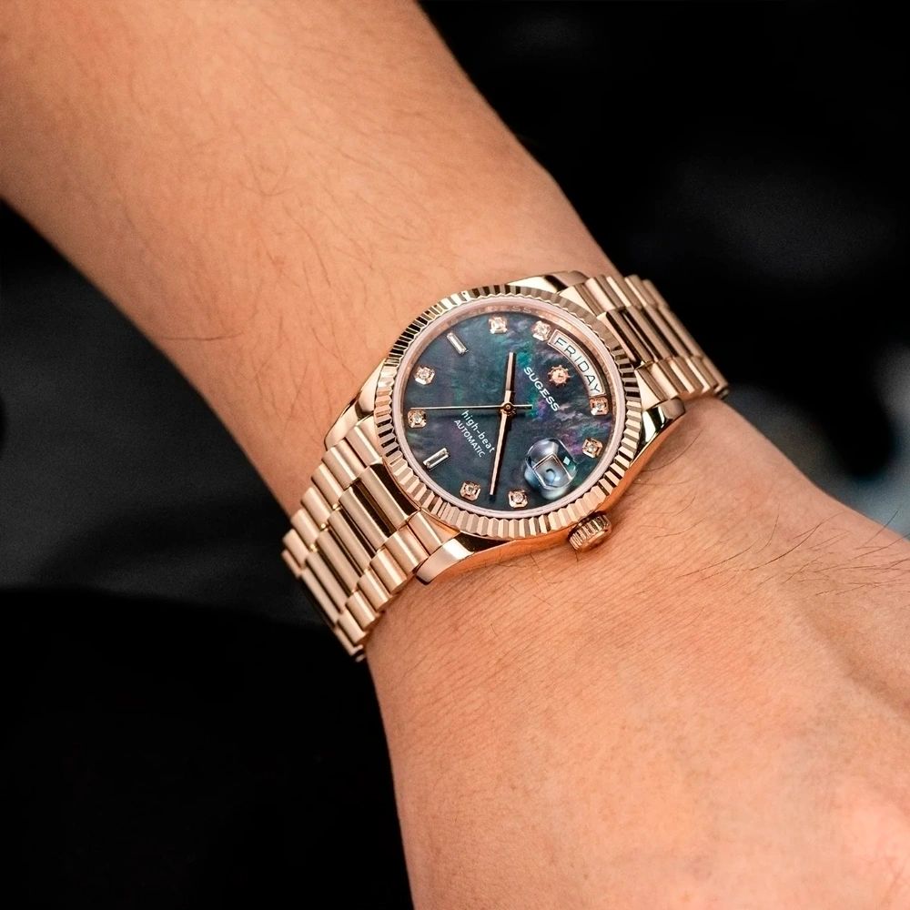 Sugess S449 black mother-of-pearl day-date on the wrist, rose gold president bracelet, diamond markers, Friday