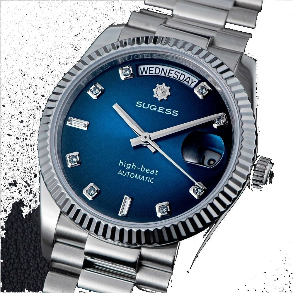 Sugess S449 blue dial day-date, fluted steel bezel, diamond markers, close angled view on black background