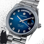 Sugess S449 blue dial day-date, fluted steel bezel, diamond markers, close angled view on black background
