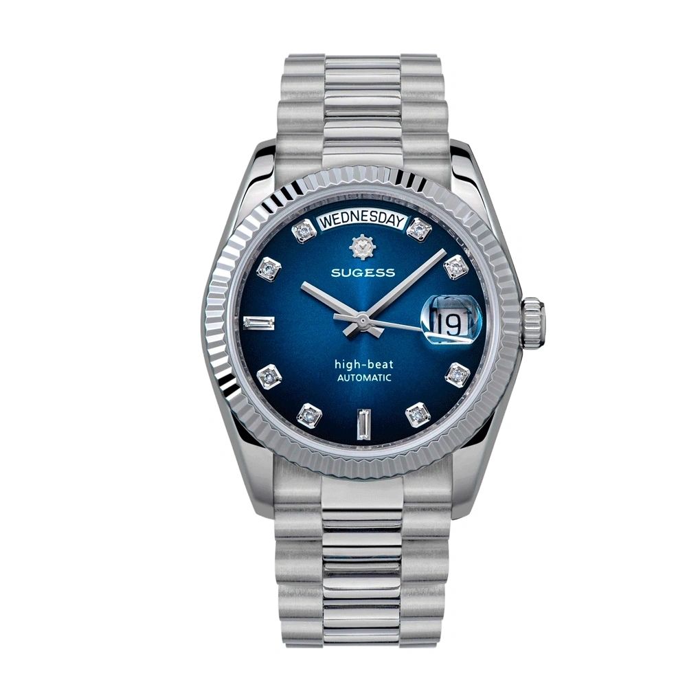 Sugess S449 automatic day-date dress watch 36mm, blue dial, diamond markers, fluted steel bezel, front view