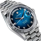 Sugess S449 blue sunburst dial macro, diamond hour markers, day and date windows, fluted steel bezel, close-up
