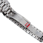 Sugess S449 steel president bracelet folding clasp with engraved Sugess signature and red accent, close-up