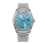 Sugess S449 automatic day-date dress watch 36mm, ice blue dial, diamond markers, fluted steel bezel, front view