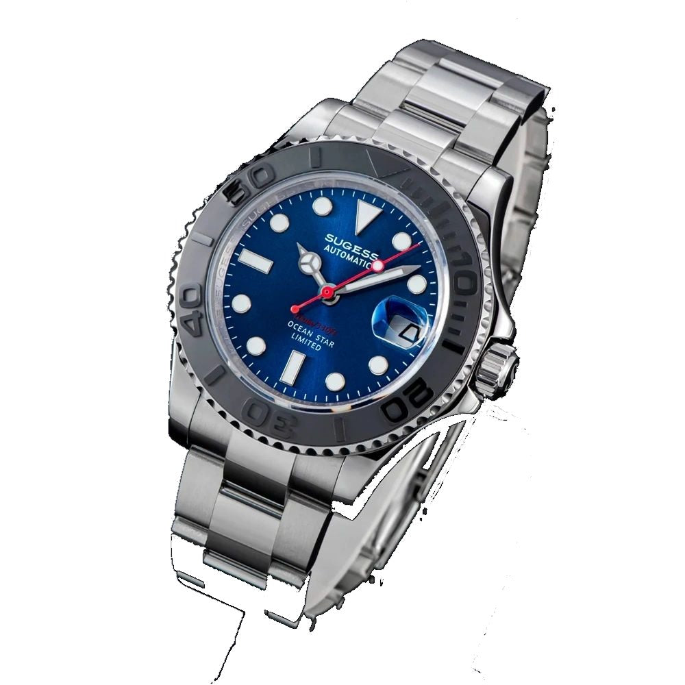 Sugess S450 blue dial dive watch, grey bezel, red seconds hand, date window, steel bracelet, angled view on dark