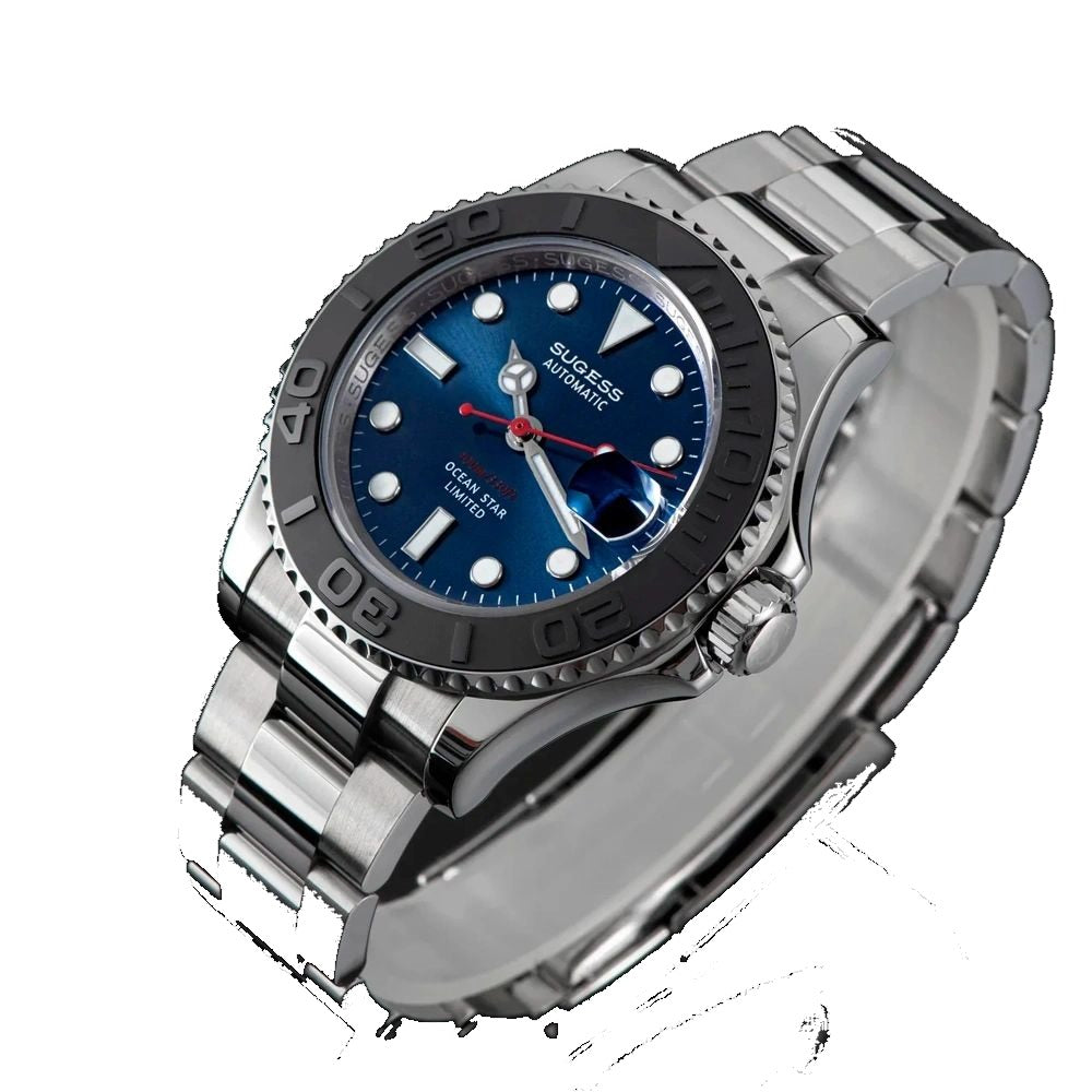 Sugess S450 blue dial dive watch, black bezel, red seconds hand, steel bracelet, dramatic angled studio view
