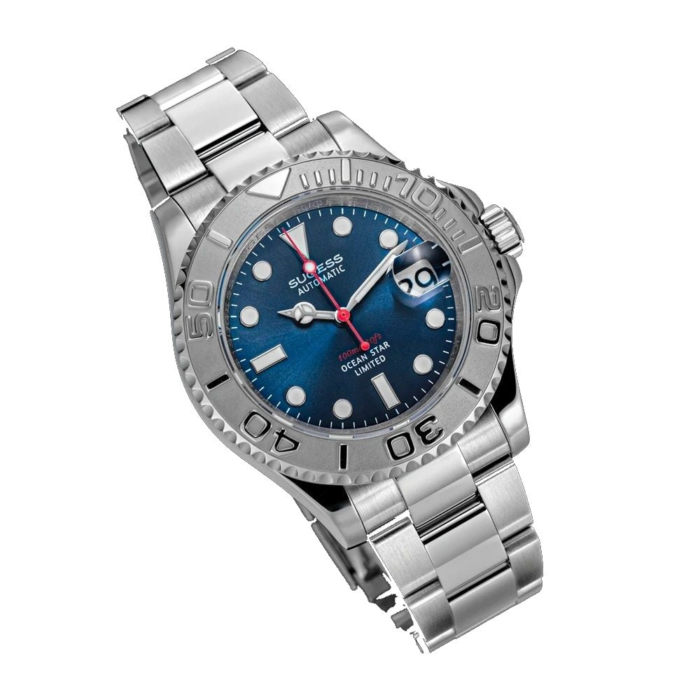 Sugess S450 blue dial dive watch, platinum bezel, red seconds hand, steel bracelet, three-quarter angled view on black
