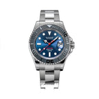 Sugess S450 Ocean Star dive watch, blue dial, grey bezel, red seconds hand, date window, steel bracelet, front