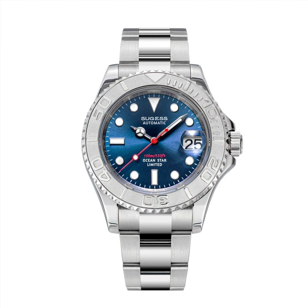 Sugess S450 Ocean Star automatic dive watch 40mm, blue dial, platinum bezel, red seconds hand, steel bracelet, front