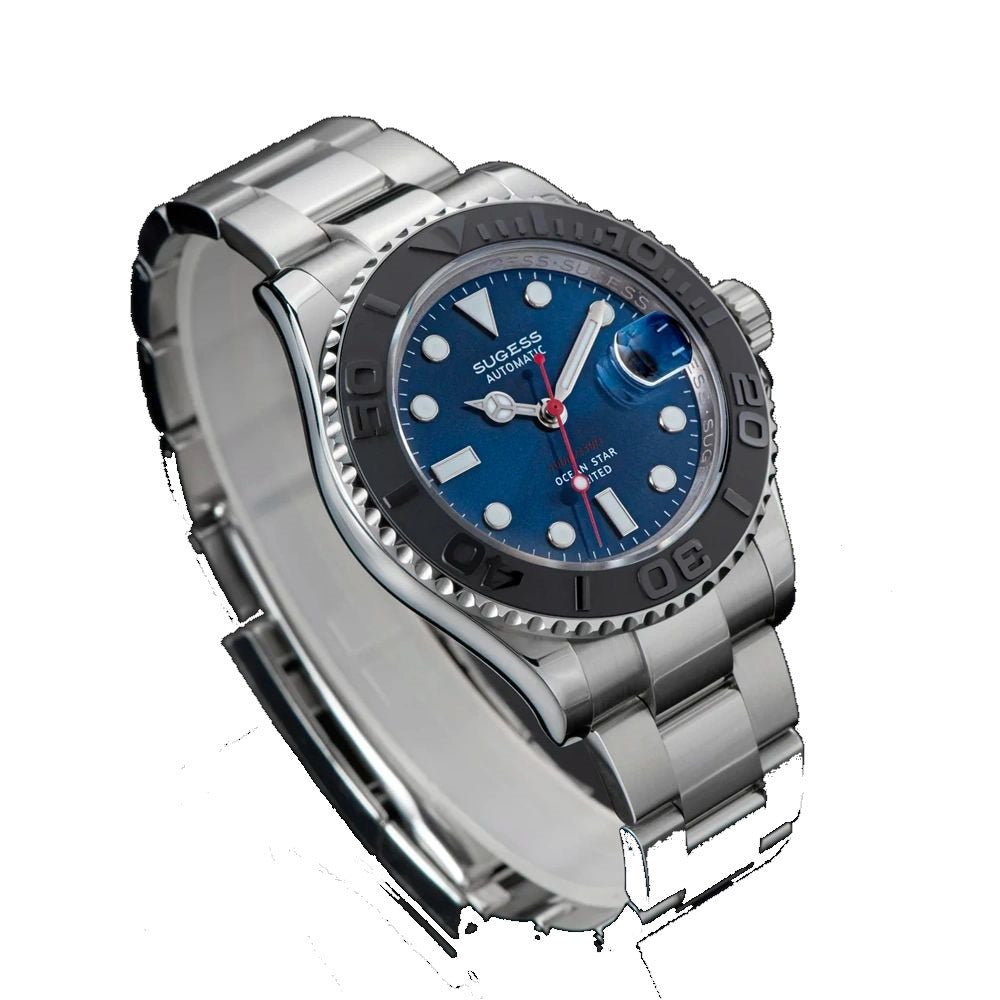 Sugess S450 blue dial dive watch side profile, grey bezel and crown, red seconds hand, steel bracelet, on black