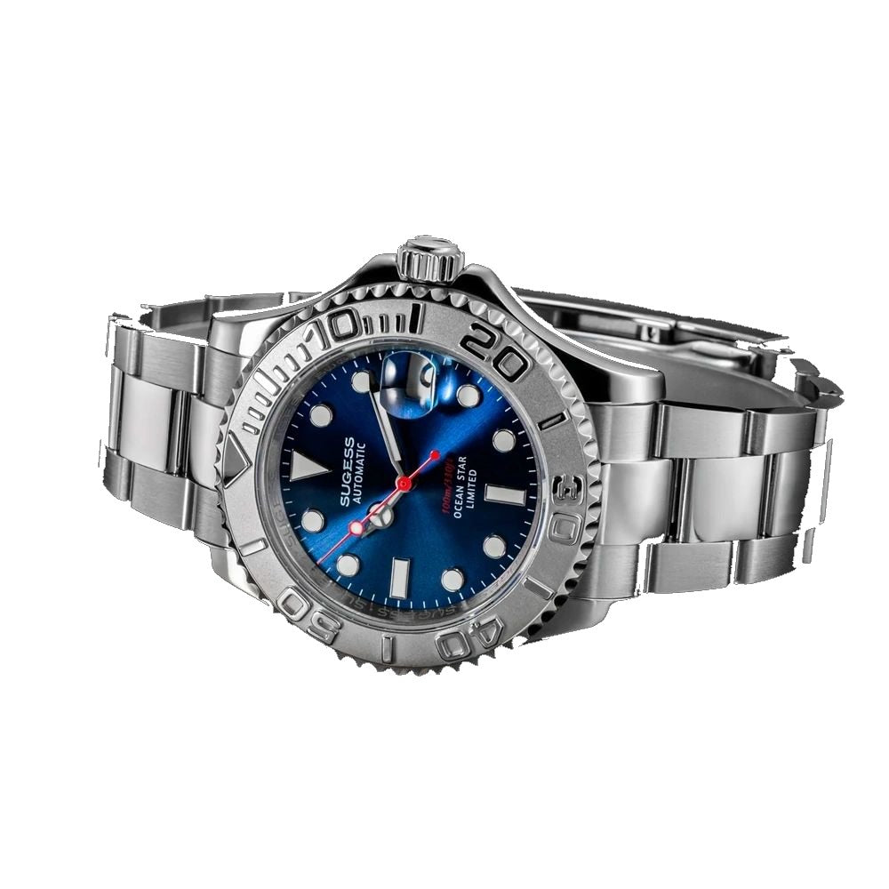 Sugess S450 blue dial dive watch top-down side view, platinum bezel, red seconds, steel bracelet, on black