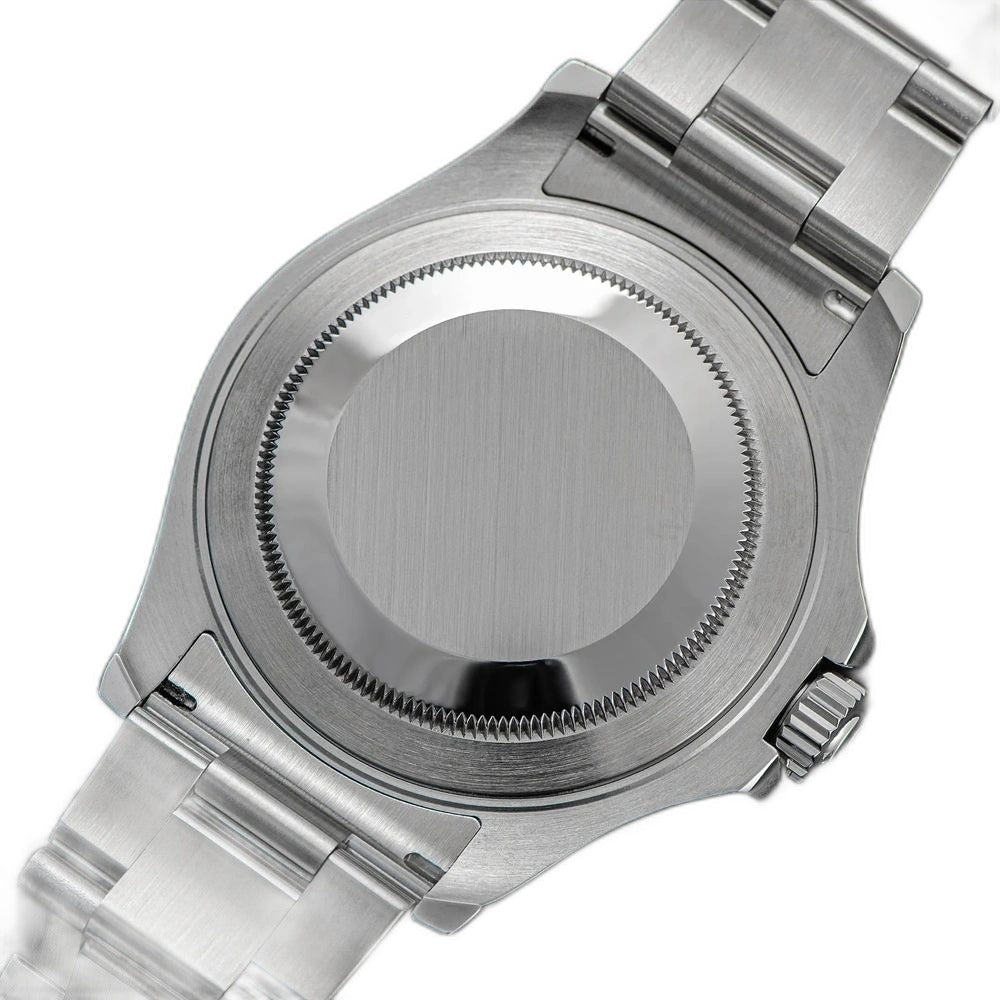 Sugess S450 solid steel screw-down caseback and steel bracelet, on a blue background