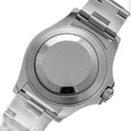Sugess S450 solid steel screw-down caseback and steel bracelet, on a blue background