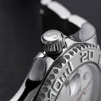 Sugess S450 dive watch S-engraved screw-down crown and case flank macro, coin-edge bezel, close-up on black