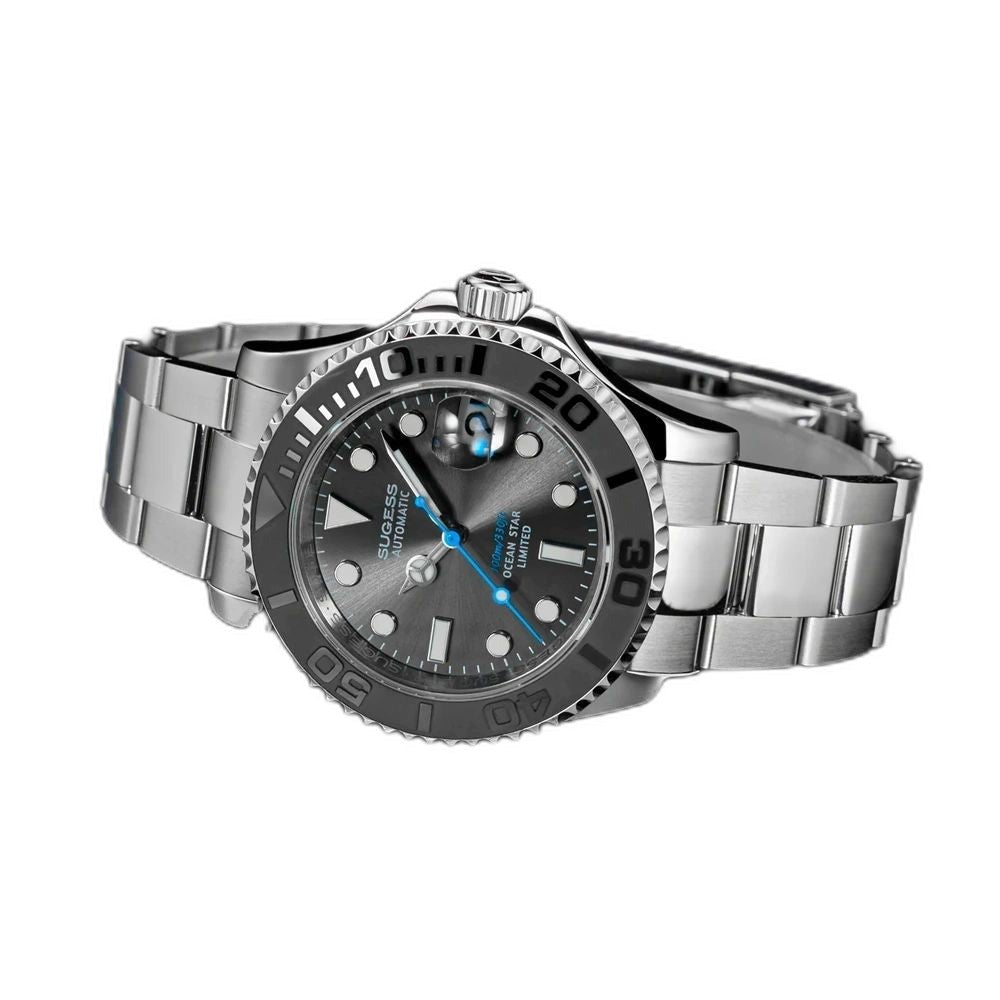 Sugess S450 grey dial dive watch, black bezel, blue seconds hand, steel bracelet, angled product view on black