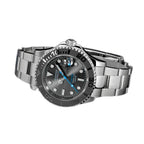 Sugess S450 grey dial dive watch, black bezel, blue seconds hand, steel bracelet, angled product view on black