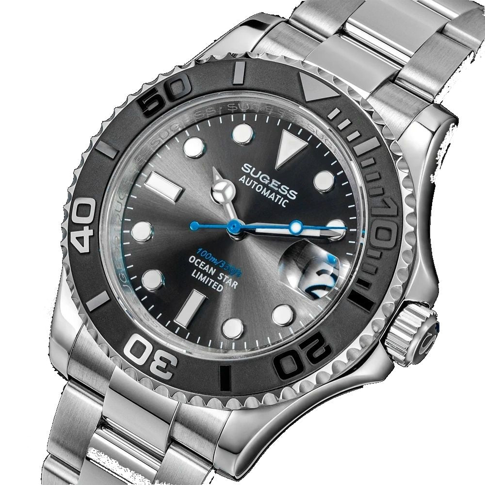 Sugess S450 grey dial dive watch, black bezel, blue seconds hand, date window, steel bracelet, dramatic angled view