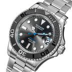 Sugess S450 grey dial dive watch, black bezel, blue seconds hand, date window, steel bracelet, dramatic angled view