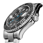 Sugess S450 grey dial dive watch, black bezel, blue seconds, S-engraved crown, three-quarter angled view on black