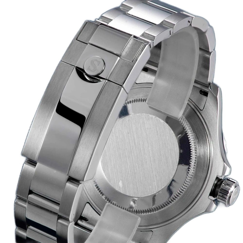 Sugess S450 grey dial dive watch bezel and lug macro, coin-edge bezel and polished case flank, close-up on black