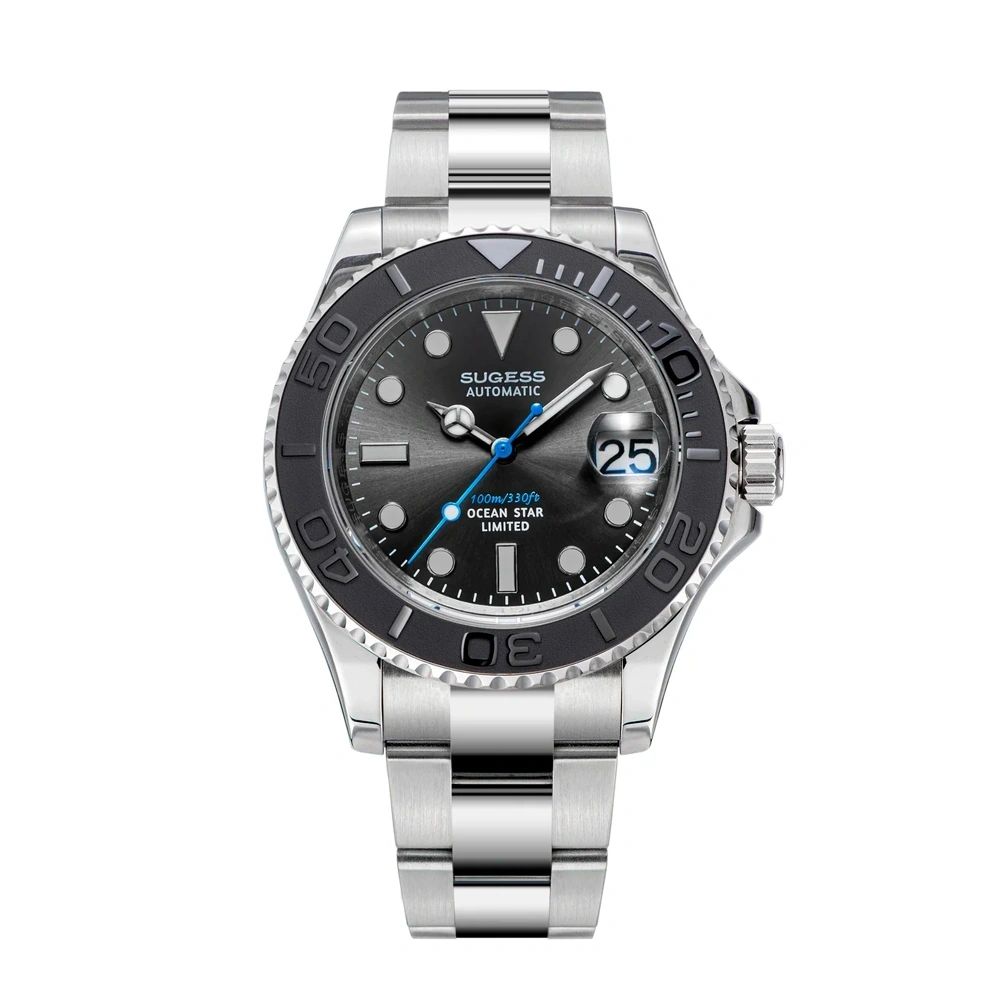 Sugess S450 Ocean Star automatic dive watch 40mm, grey dial, black bezel, blue seconds hand, steel bracelet, front