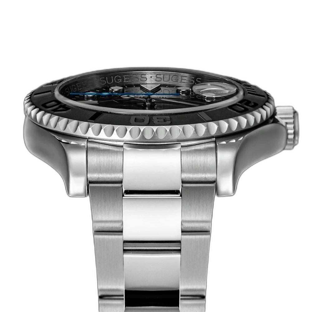 Sugess S450 grey dial dive watch side profile, black bezel, coin-edge bezel, steel bracelet, on black background