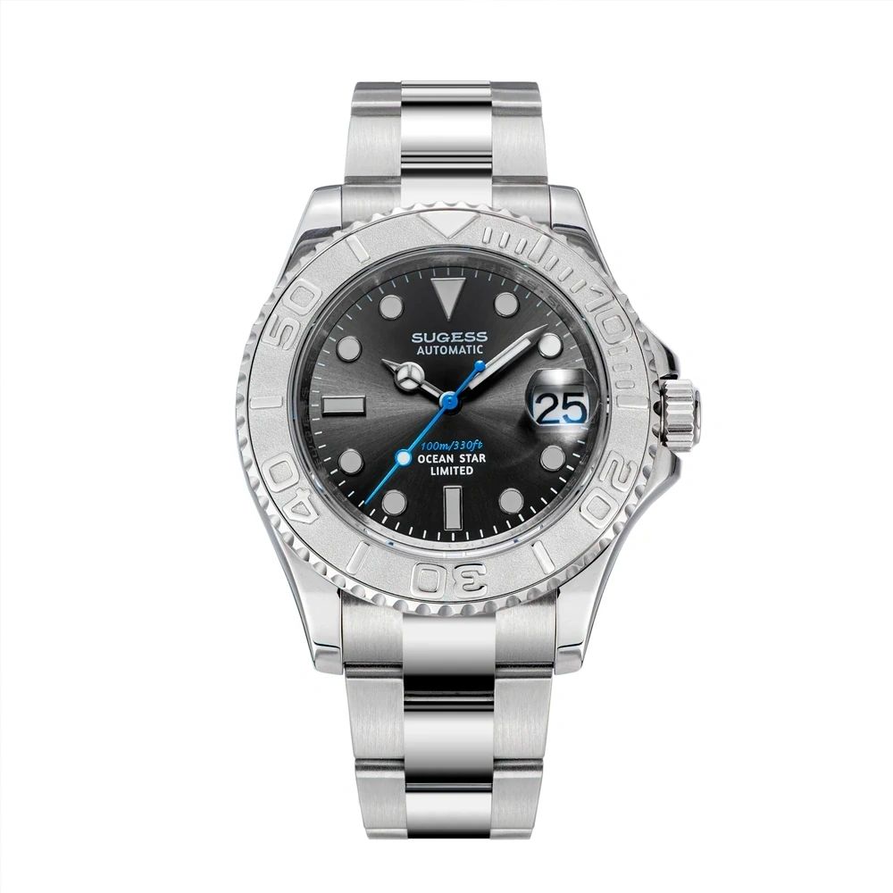 Sugess S450 Ocean Star automatic dive watch 40mm, grey dial, platinum steel bezel, blue seconds hand, steel bracelet, front